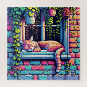 Slaperige Kat op Vensterbank Ai Kunst Legpuzzel