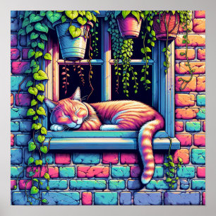 Slaperige Kat op Vensterbank Ai Kunst Poster