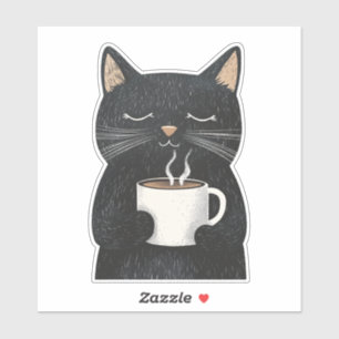 Slaperige zwarte kat met een kopje koffie Boho Sticker