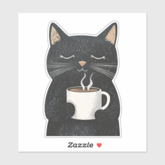 Slaperige zwarte kat met een kopje koffie Boho Sticker