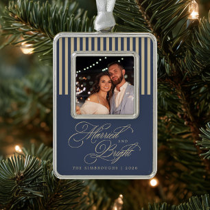 Slate Blauwe Champagne Huwelijksfoto  Verzilverd Kader Ornament