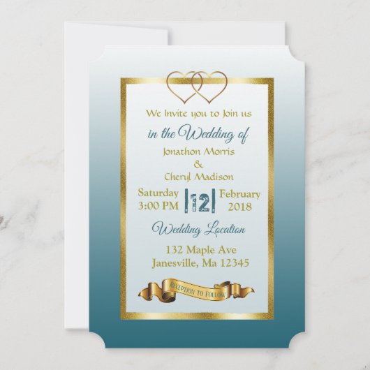 Slate Blue and Gold Hearts Wedding Invitations Kaart (Voorkant)