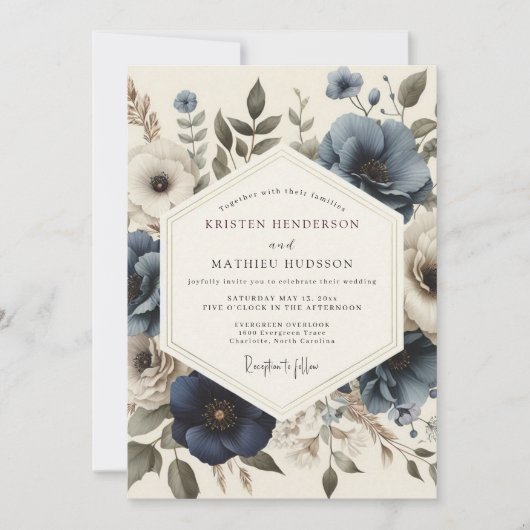 Slate Blue Antique Bloom Wedding Kaart (Voorkant)