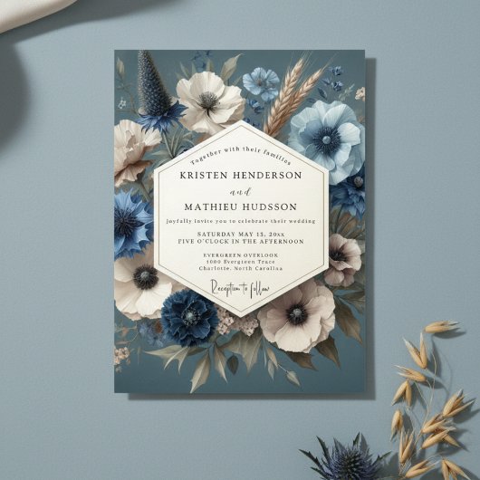 Slate Blue Bloom Moody Wedding Kaart