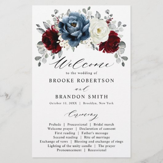Slate Blue Bourgogne White Ivory Wedding Programme (Devant)