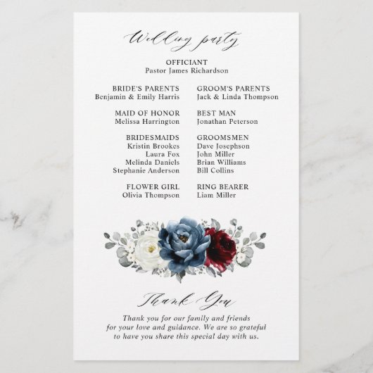 Slate Blue Bourgogne White Ivory Wedding Programme (Dos)