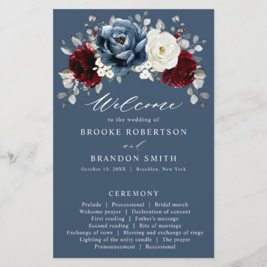 Slate Blue Bourgogne White Ivory Wedding Programme (Devant)