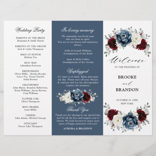 Slate Blue Burgundy Boho Wedding Tri-Fold Programm (Voorkant)