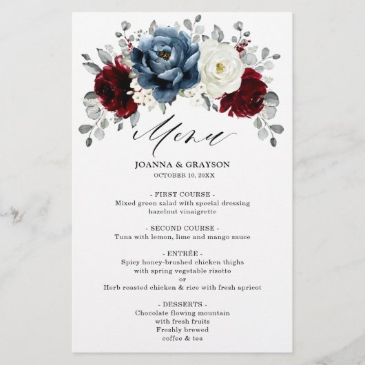 Slate Blue Burgundy White Ivory Boho Wedding Menu (Voorkant)