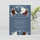 Slate Blue Burgundy White Ivory Floral Wedden in Kaart (Staand voorkant)