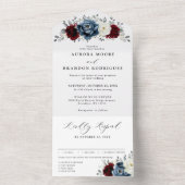 Slate Blue Burgundy White Ivory Floral Wedding All In One Uitnodiging (Binnen)