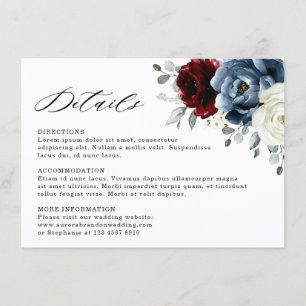 Slate Blue Burgundy White Ivory Floral Wedding Informatiekaartje