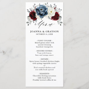 Slate Blue Burgundy White Ivory Floral Wedding me Menu