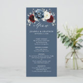 Slate Blue Burgundy White Ivory Floral Wedding me Menu (Staand voorkant)