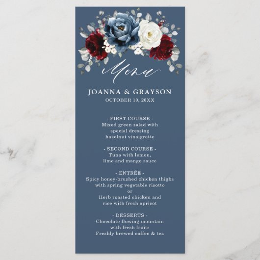 Slate Blue Burgundy White Ivory Floral Wedding me Menu (Voorkant)