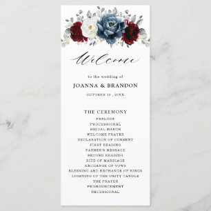 Slate Blue Burgundy White Ivory Floral Wedding Programma