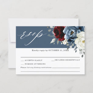 Slate Blue Burgundy White Ivory Floral Wedding RSV RSVP Kaartje