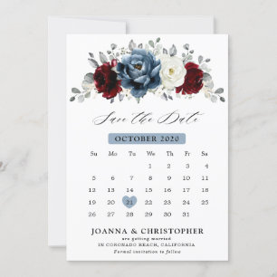 Slate Blue Burgundy White Ivory Floral Wedding Save The Date
