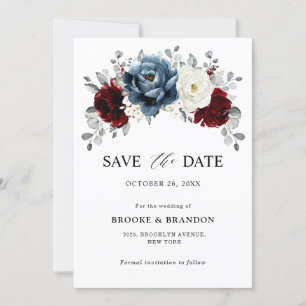 Slate Blue Burgundy White Ivory Floral Wedding Save The Date