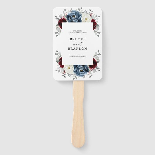 Slate Blue Burgundy White Ivory Wedding Programme Handwaaier (Voorkant)