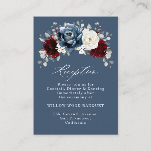Slate Blue Burgundy White Ivory Wedding Reception Informatiekaartje (Voorkant)