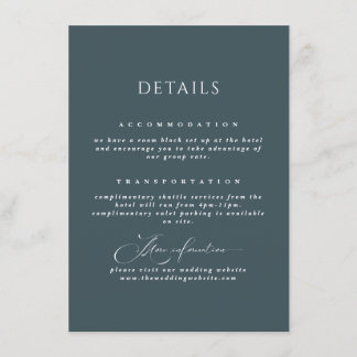 Slate Blue Elegant Kalligrafie Wedding Details Informatiekaartje