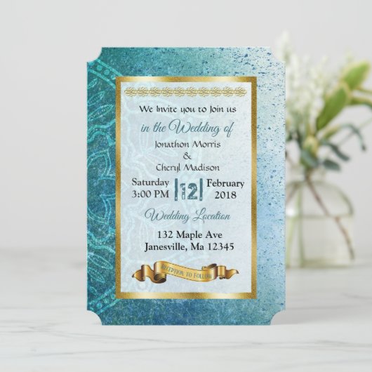 Slate Blue en Gold Mandala Wedding Invitations Kaart (Staand voorkant)