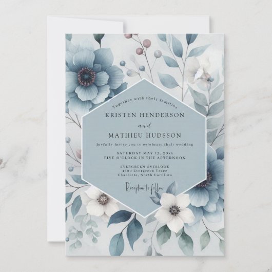 Slate Blue Floral Harmony Wedding Kaart (Voorkant)