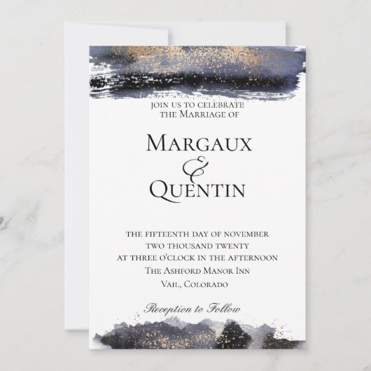 Slate Blue Golden Brush Uitnodiging voor de bruilo (Voorkant)