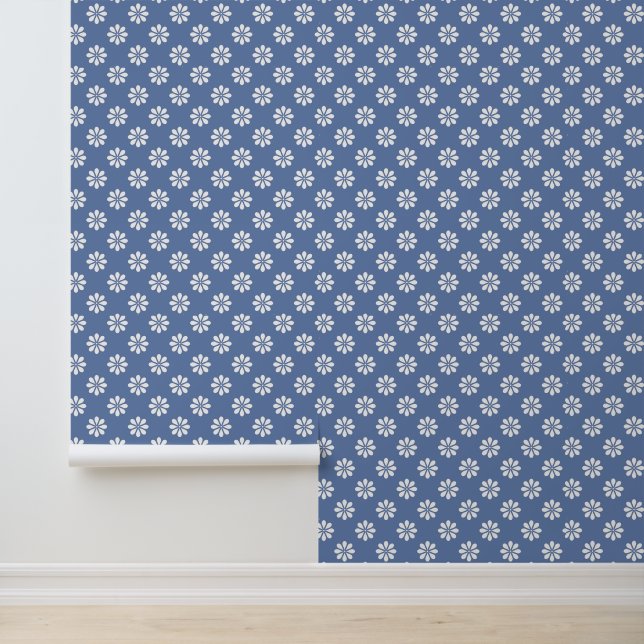 Slate Blue met patroon van witte madeliefjes Behang (Applicatie)