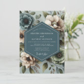 Slate Blue Muted Floral Wedding Kaart (Staand voorkant)