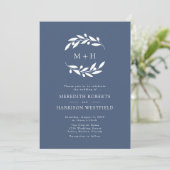 Slate Blue Olive Branch Monogram krans bruiloft Kaart (Staand voorkant)