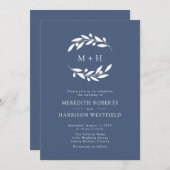 Slate Blue Olive Branch Monogram krans bruiloft Kaart (Voorkant / Achterkant)
