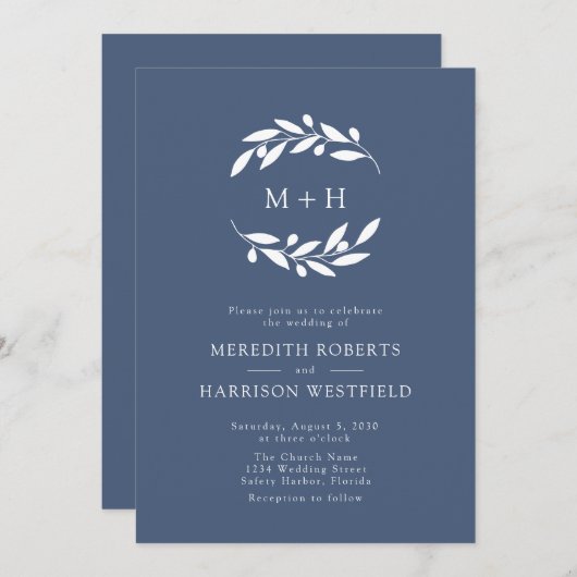 Slate Blue Olive Branch Monogram krans bruiloft Kaart (Voorkant / Achterkant)