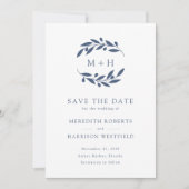 Slate Blue Olive Branch Monogram krans bruiloft Save The Date (Voorkant)