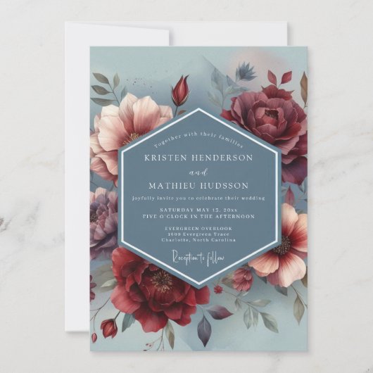 Slate Blue Painterly Bloom Wedding Kaart (Voorkant)