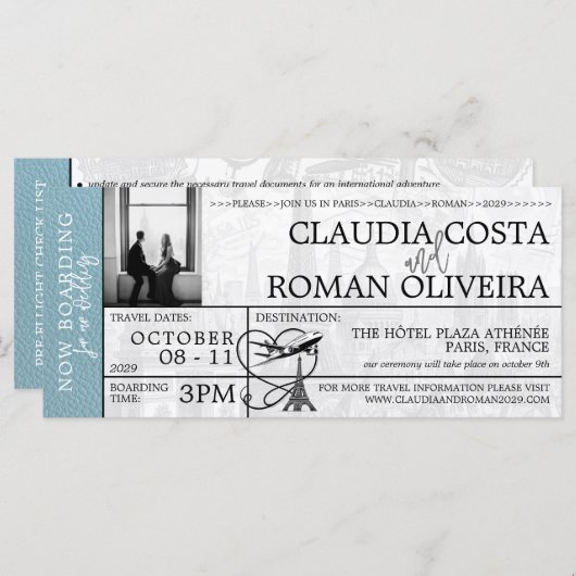 Slate Blue Paris Mariage Boarding Pass Invitation (Devant / Derrière)
