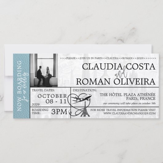 Slate Blue Paris Mariage Boarding Pass Invitation (Devant)