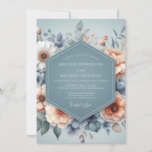 Slate Blue Pastel Bloom Wedding Kaart (Voorkant)