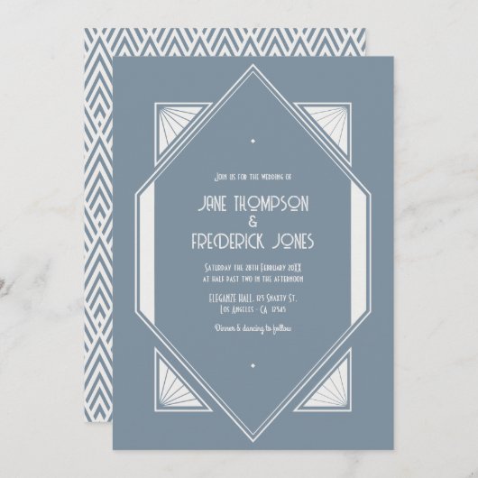 Slate Blue & Pearl White Art Deco Wedding Photo Kaart (Voorkant / Achterkant)
