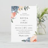 Slate Blue Perzik Botanische bruiloft Kaart (Staand voorkant)