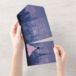 Slate Blue & Pink Paris Fireworks Quinceañera All In One Uitnodiging