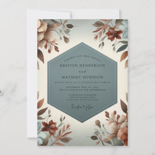 Slate Blue Rustic Bloom Wedding Kaart (Voorkant)