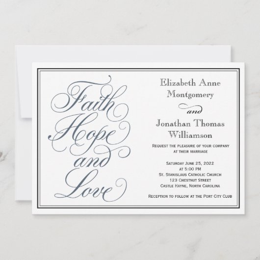Slate Blue Script Faith Hope & Love Wedding Kaart (Voorkant)