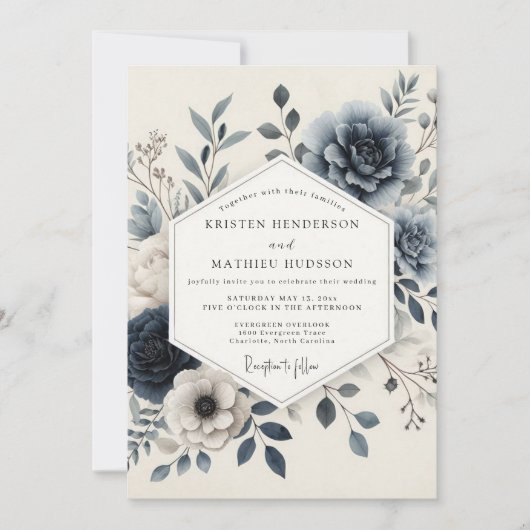 Slate Blue Serene Floral Wedding Kaart (Voorkant)