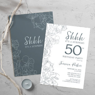 Slate Blue White Botanical Surprise 50th Birthday Kaart