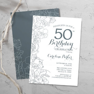 Slate Blue White Floral 50e verjaardag Party Kaart