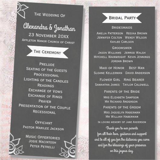 Slate Grey Chalk Style Flat Wedding Program Programma