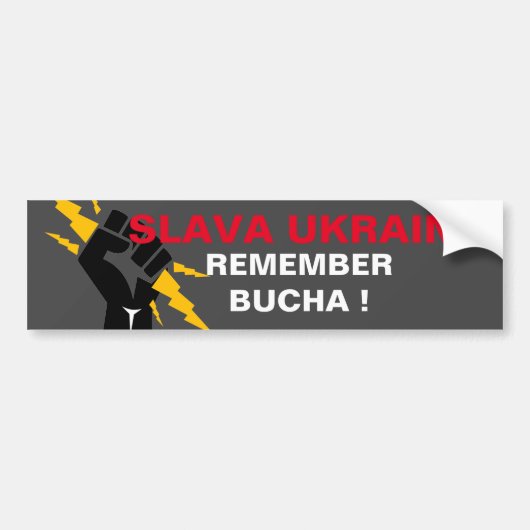 SLAVA UKRAINI HERINNERT DE BUMPERSTICKER VAN BUCHA (Voorkant)
