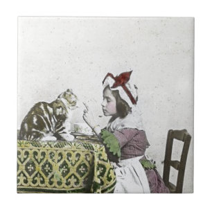 Slecht Kat Victoriaans Tea Party Little Girl Tegeltje